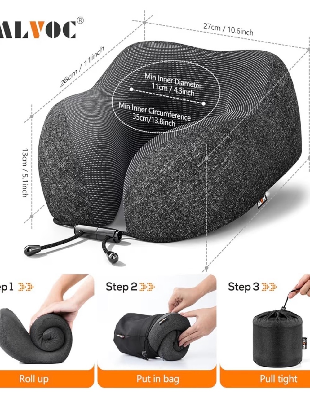 Black Travel Pillow with Drawstring Case